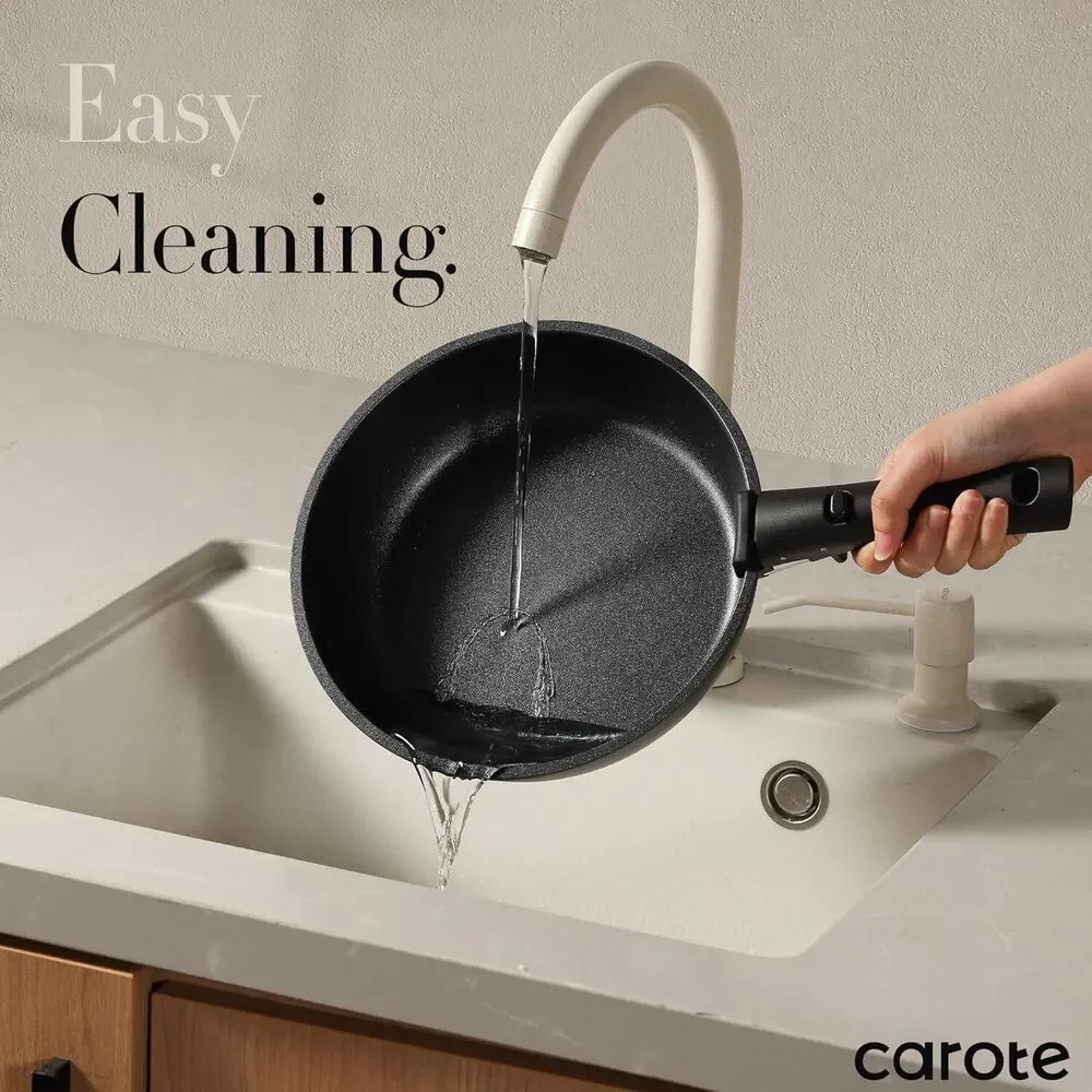 CAROTE 11pcs Nonstick Cookware Set With Detachable Handle, Oven Safe Black